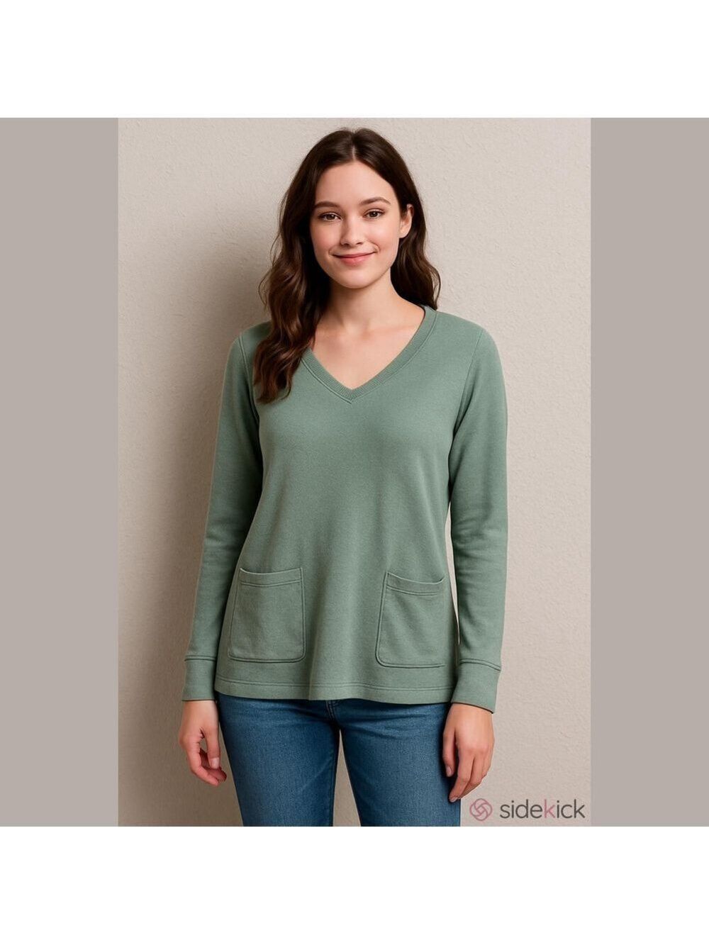 J.Jill V-Neck Long Sleeve Top with Pockets, Light Mint Green Size Small, Cotton.
